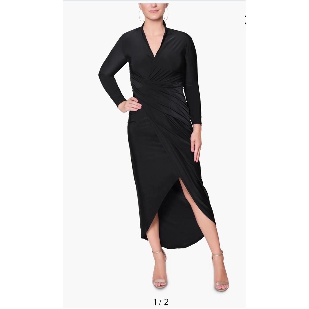 NWT GOOD AMERICAN Black Long Sleeve Ruched Wrap Midi Dress Sz‎ 3 Classic Party